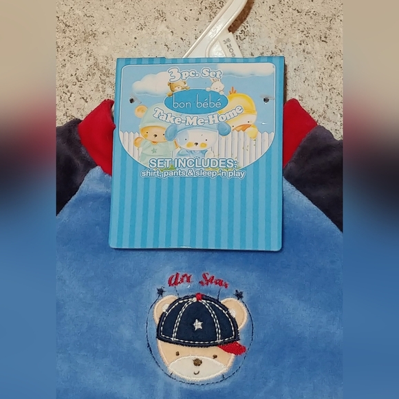 3-6 months, 3 piece set, "bon bebe" velour, blue & red "all star" baseball - Picture 6 of 7